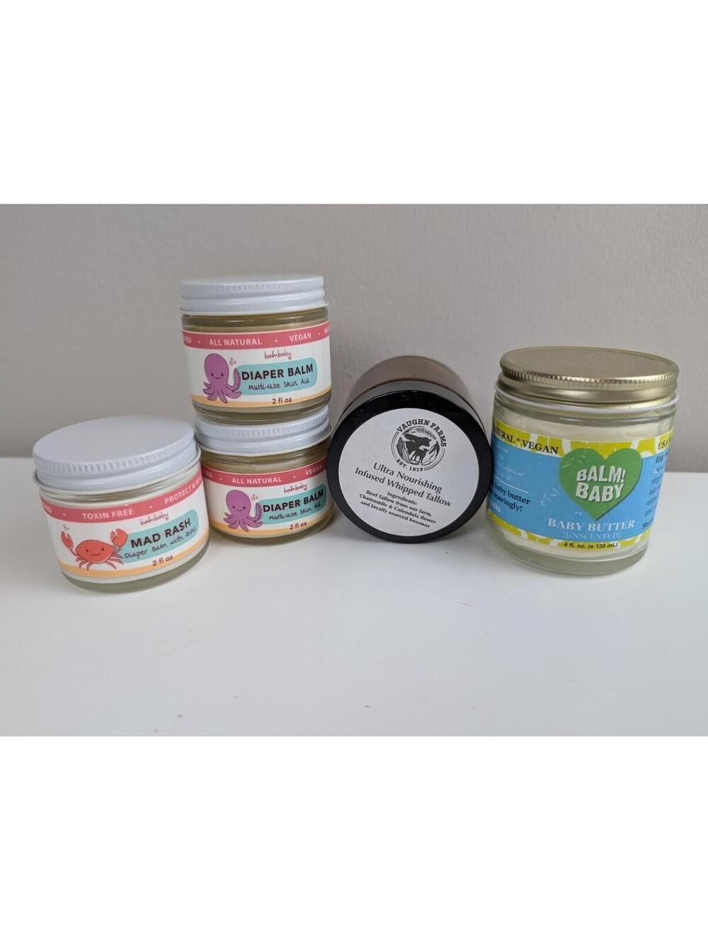 Mixed Lot of USA Made Non-Toxic Natural Diaper Creams and Baby Balms (5x pieces)